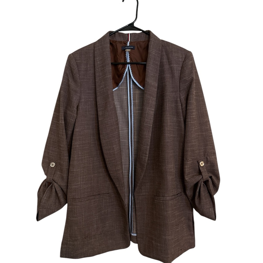 Tommy Hilfiger Brown Blazer with Textured Fabric and 3/4 Sleeves